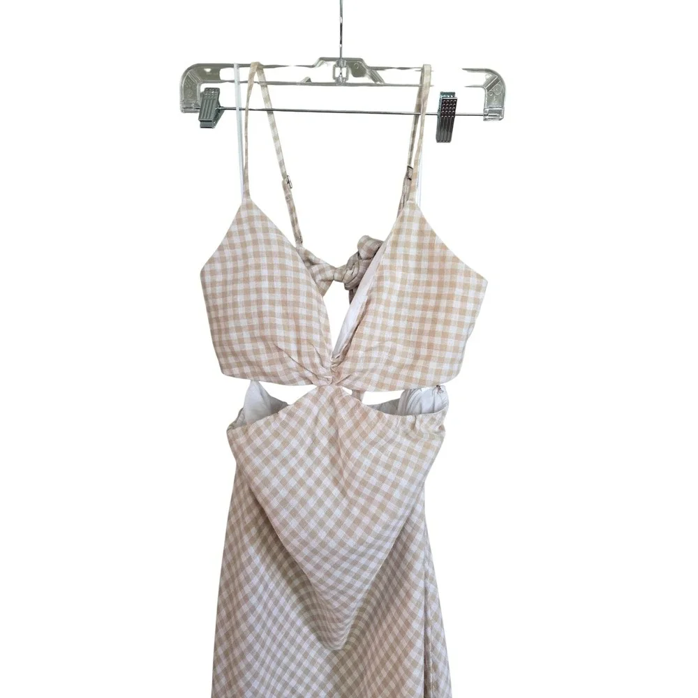 Abercrombie & Fitch Smocked Tie-Front Gingham Maxi Dress Tan Size S